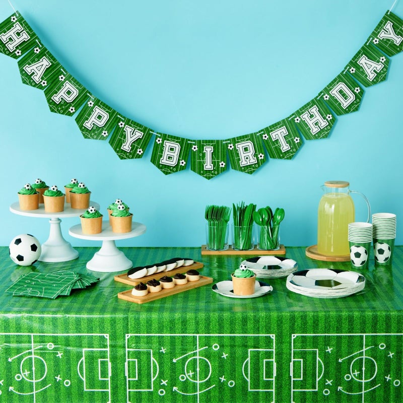 BLUE PANDA 171-Piece Soccer Party Decoration Set - Serves 24, Green Soccer Ball Pattern - Includes Cups, Plates & Napkins - Birthday Banner & Tablecloth for Birthday Party Decoration - Image 2